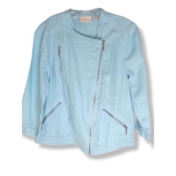 Chico's Blue Jacket Linen Zip‎ Front Pockets Diagonal Waist Length LS .5 / 6 - Picture 1 of 9